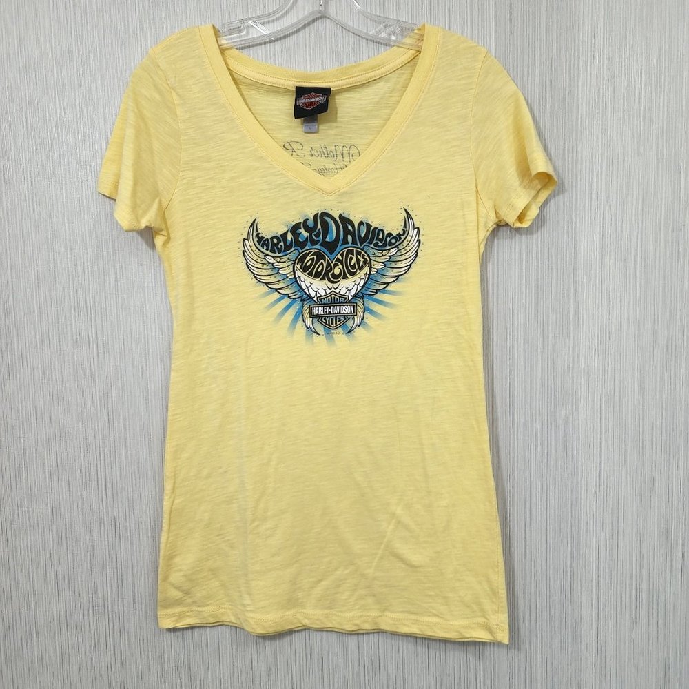 Harley-Davidson yellow v-neck bling graphic‎ heart & wings short sleeve shirt